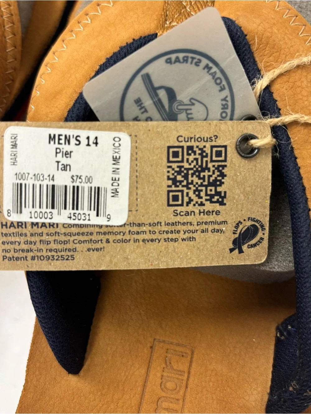 NWT Hari Mari Pier Tan Leather Memory Foam Strap Flip Flop Made In Mexico Sz 14